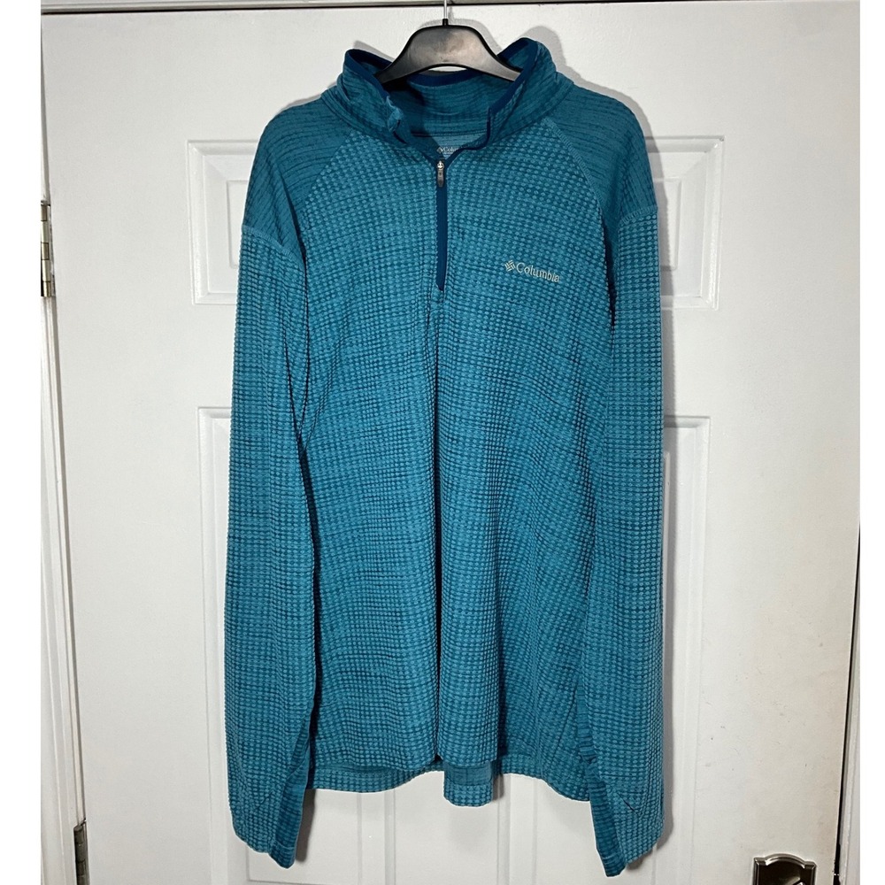 Columbia Mens XL Half Zip Waffle Grid Fleece Pullover Teal Blue Heather Hiking